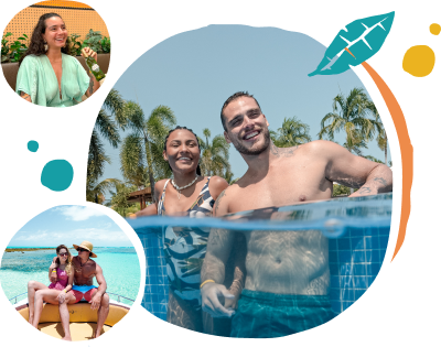 Pessoas aproveitando a melhor experiência no Japaratinga Lounge Resort, como a piscina em casal, um passeio de lancha nas piscinas naturais e o All Inclusive com bebidas e comidas.